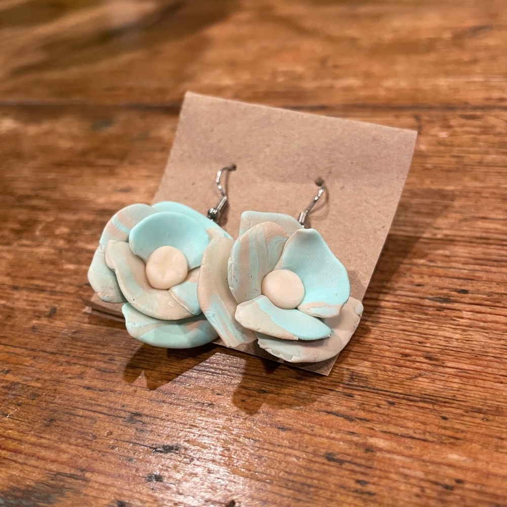 Floral Clay Earrings in Blue and Beige